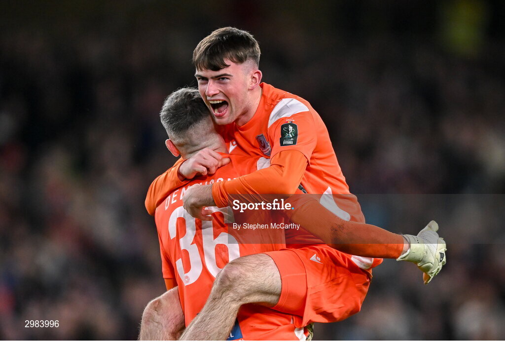 10 November 2024; Drogheda United goalkeepers Andrew Wogan, right, and Luke Dennison celebrate after the Sports Direct Men's FAI Cup Final match between Drogheda United and Derry City at the Aviva Stadium in Dublin. Photo by Stephen McCarthy/Sportsfile