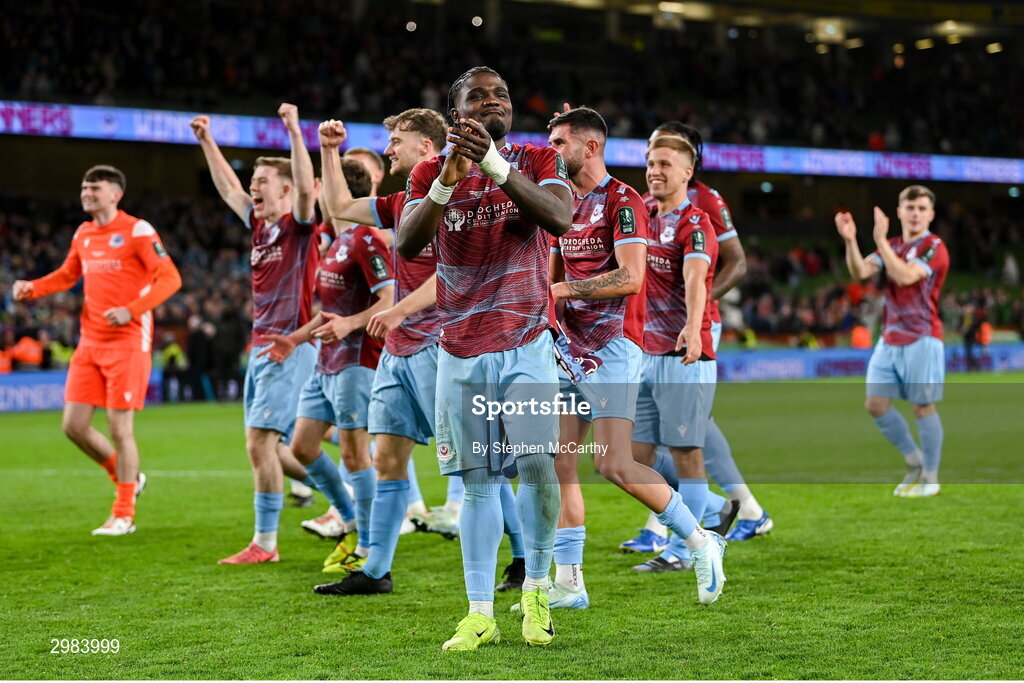 10 November 2024; Frantz Pierrot of Drogheda United celebrates after the Sports Direct Men's FAI Cup Final match between Drogheda United and Derry City at the Aviva Stadium in Dublin. Photo by Stephen McCarthy/Sportsfile