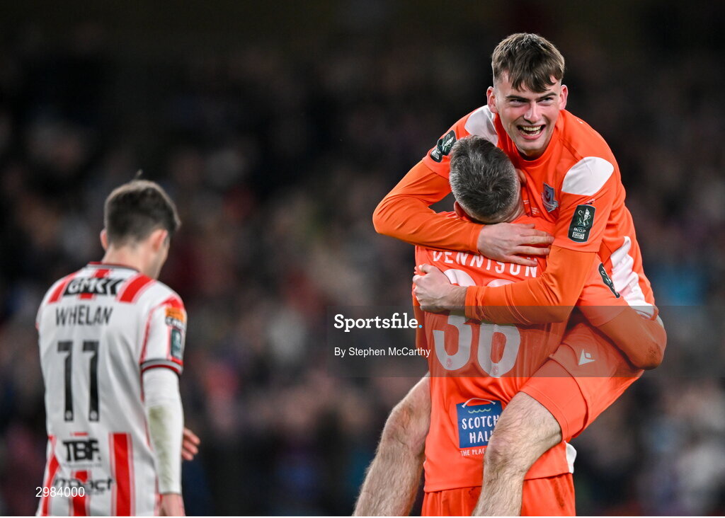 10 November 2024; Drogheda United goalkeepers Andrew Wogan, right, and Luke Dennison celebrate after the Sports Direct Men's FAI Cup Final match between Drogheda United and Derry City at the Aviva Stadium in Dublin. Photo by Stephen McCarthy/Sportsfile