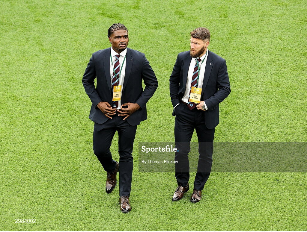 10 November 2024; Frantz Pierrot, left, and Gary Deegan of Drogheda United walk the pitch before the Sports Direct Men's FAI Cup Final match between Drogheda United and Derry City at the Aviva Stadium in Dublin. Photo by Thomas Flinkow/Sportsfile