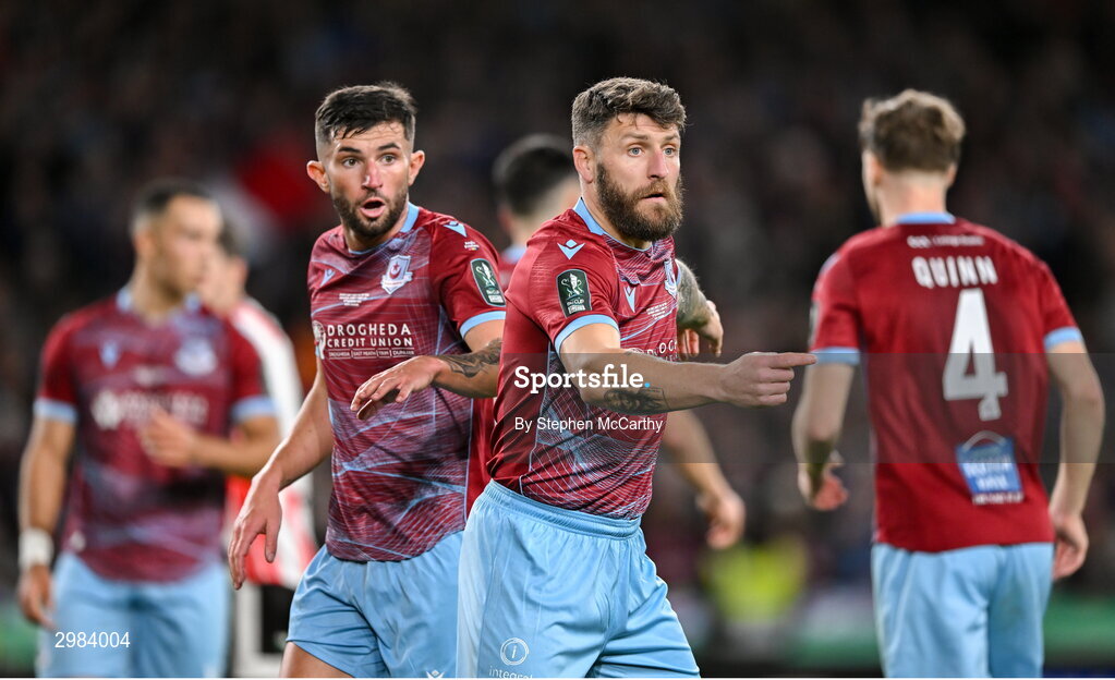 10 November 2024; Gary Deegan and Luke Heeney, left, of Drogheda United during the Sports Direct Men's FAI Cup Final match between Drogheda United and Derry City at the Aviva Stadium in Dublin. Photo by Stephen McCarthy/Sportsfile