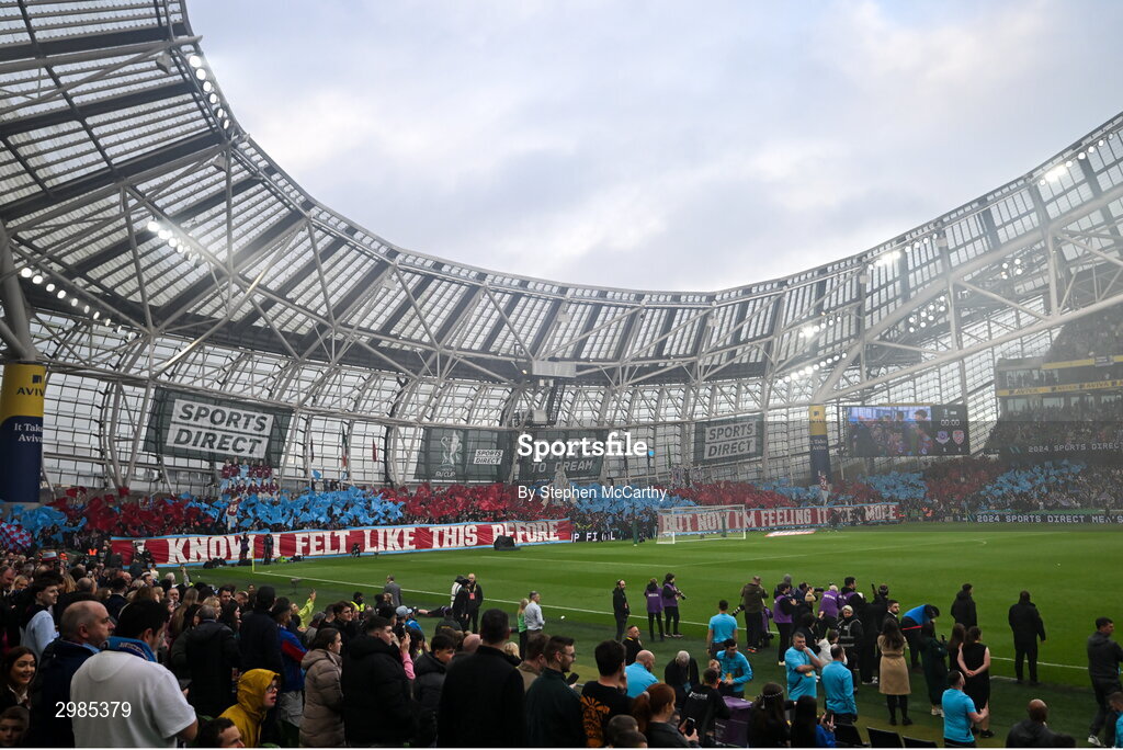 10 November 2024; Drogheda United supporters in the North Stand during the Sports Direct Men's FAI Cup Final match between Drogheda United and Derry City at the Aviva Stadium in Dublin. Photo by Stephen McCarthy/Sportsfile
