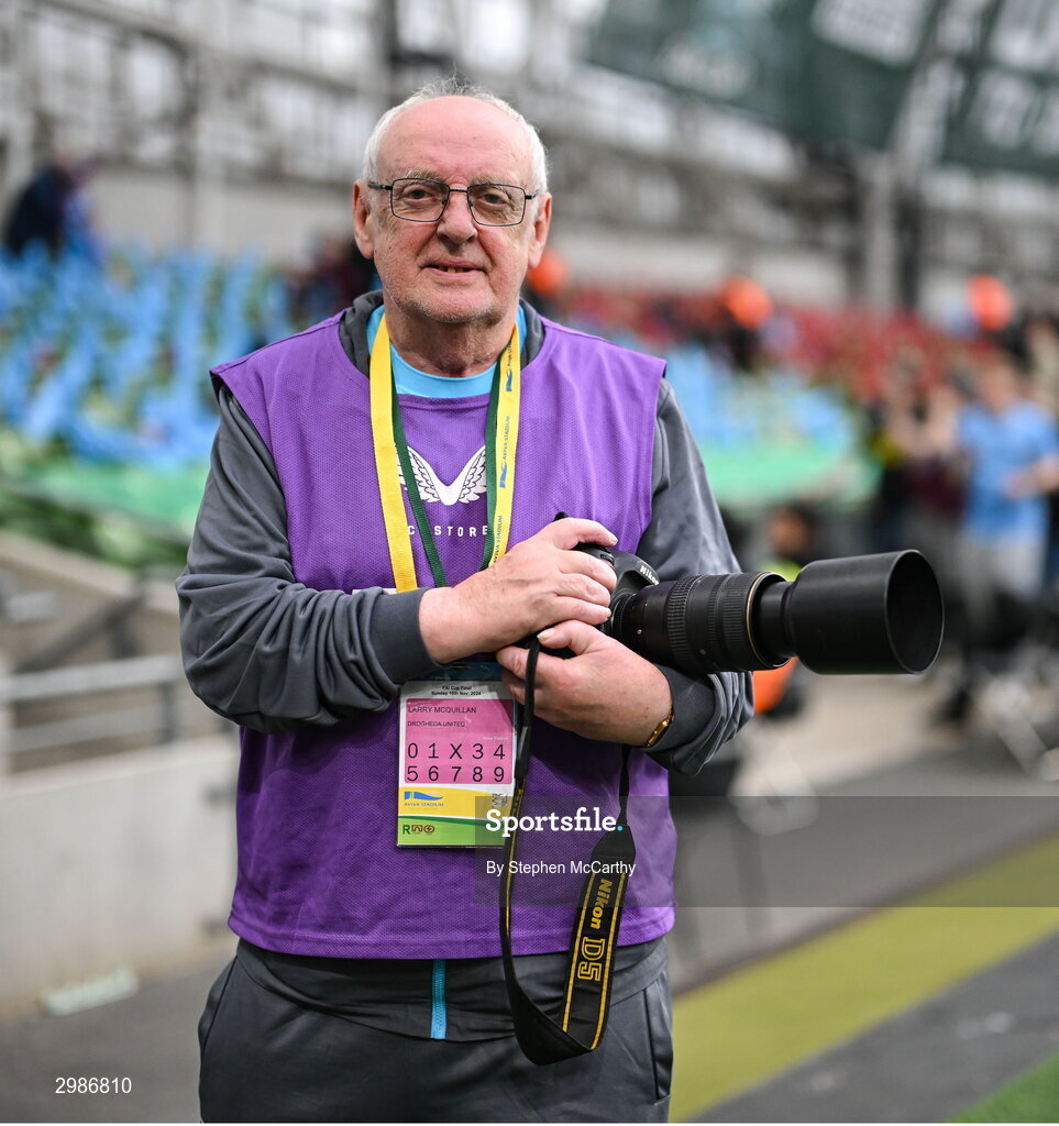 10 November 2024; Drogheda United club photographer Larry McQuillan before the Sports Direct Men's FAI Cup Final match between Drogheda United and Derry City at the Aviva Stadium in Dublin. Photo by Stephen McCarthy/Sportsfile