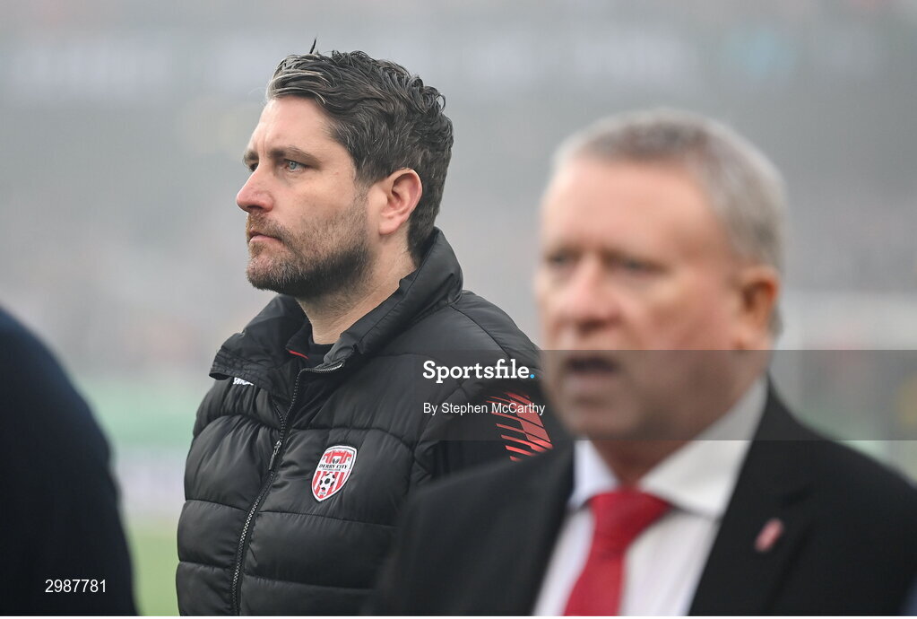 10 November 2024; Derry City manager Ruaidhrí Higgins and Derry City chairman Philip O'Doherty, right, before the Sports Direct Men's FAI Cup Final match between Drogheda United and Derry City at the Aviva Stadium in Dublin. Photo by Stephen McCarthy/Sportsfile