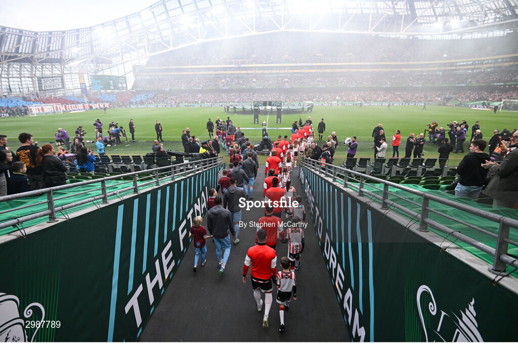 10 November 2024; The teams and officials walk out for the Sports Direct Men's FAI Cup Final match between Drogheda United and Derry City at the Aviva Stadium in Dublin. Photo by Stephen McCarthy/Sportsfile