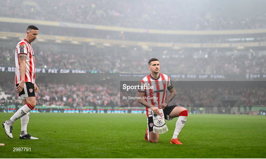 10 November 2024; Derry City captain Patrick McEleney and brother Shane McEleney, left, prepare for their team photograph before the Sports Direct Men's FAI Cup Final match between Drogheda United and Derry City at the Aviva Stadium in Dublin. Photo by Stephen McCarthy/Sportsfile