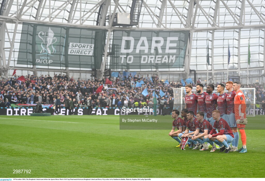 10 November 2024; The Drogheda United team before the Sports Direct Men's FAI Cup Final match between Drogheda United and Derry City at the Aviva Stadium in Dublin. Photo by Stephen McCarthy/Sportsfile