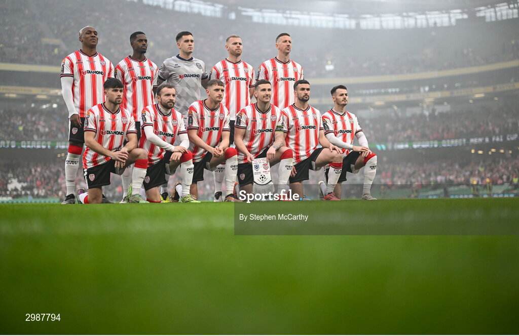 10 November 2024; The Derry City team, back row, from left, Andre Wisdom, Sadou Diallo, goalkeeper Brian Maher, Mark Connolly and Shane McEleney, with, front row, Adam O'Reilly, Paul McMullan, Ronan Boyce, Patrick McEleney, Michael Duffy and Danny Mullen before the Sports Direct Men's FAI Cup Final match between Drogheda United and Derry City at the Aviva Stadium in Dublin. Photo by Stephen McCarthy/Sportsfile