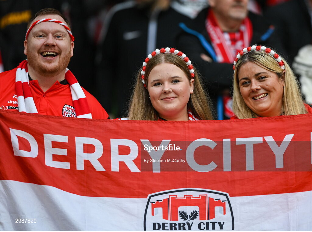 10 November 2024; Derry City supporters before the Sports Direct Men's FAI Cup Final match between Drogheda United and Derry City at the Aviva Stadium in Dublin. Photo by Stephen McCarthy/Sportsfile