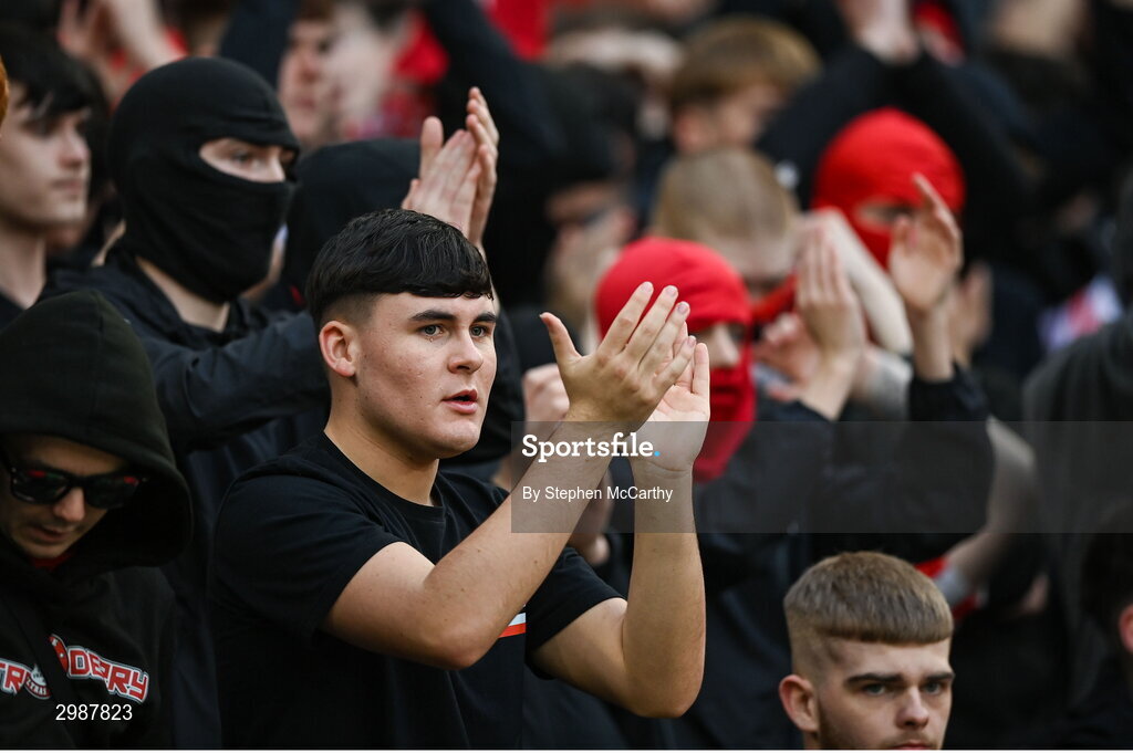 10 November 2024; Derry City supporters before the Sports Direct Men's FAI Cup Final match between Drogheda United and Derry City at the Aviva Stadium in Dublin. Photo by Stephen McCarthy/Sportsfile