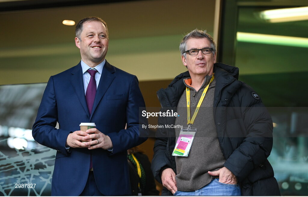 10 November 2024; Fianna Fáil politician and former Minister of State at the Department of Tourism, Culture, Arts, Gaeltacht, Sport and Media and Equality, Thomas Byrne; left, and FAI chairperson Tony Keohane before the Sports Direct Men's FAI Cup Final match between Drogheda United and Derry City at the Aviva Stadium in Dublin. Photo by Stephen McCarthy/Sportsfile