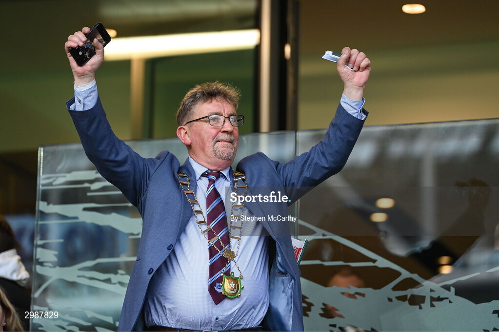 10 November 2024; Lord Mayor of Drogheda Cllr Paddy McQuillan before the Sports Direct Men's FAI Cup Final match between Drogheda United and Derry City at the Aviva Stadium in Dublin. Photo by Stephen McCarthy/Sportsfile