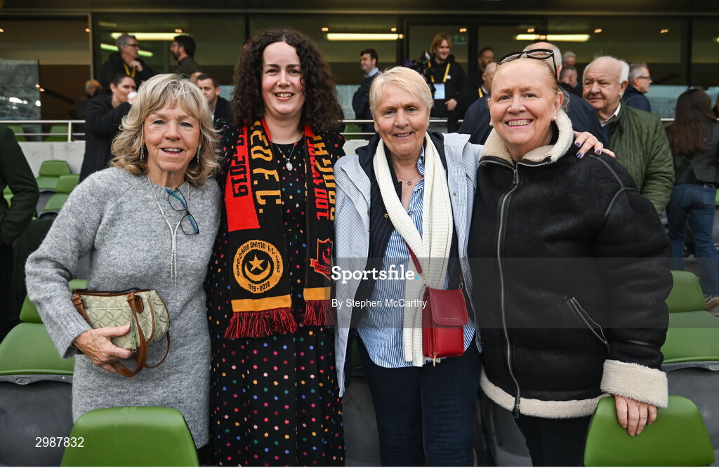 10 November 2024; Former Republic of Ireland international Linda Gorman, historian Helena Byrne, former Republic of Ireland international Paula Gorham and her sister Maeve before the Sports Direct Men's FAI Cup Final match between Drogheda United and Derry City at the Aviva Stadium in Dublin. Photo by Stephen McCarthy/Sportsfile