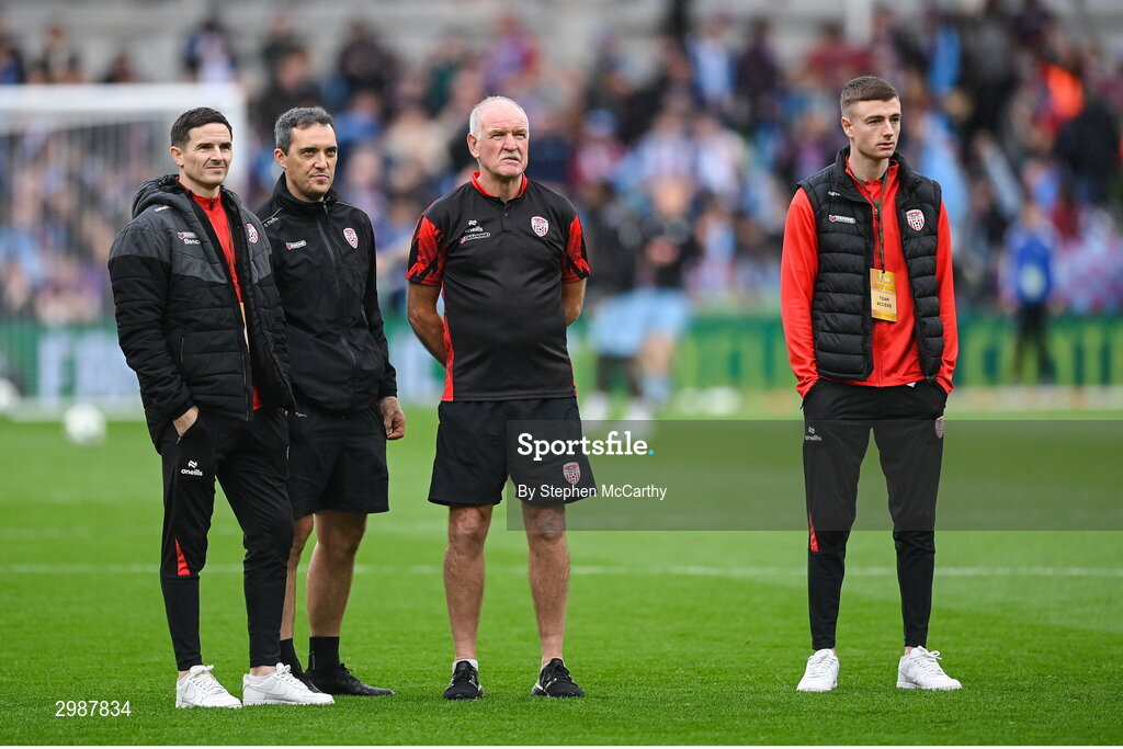 10 November 2024; Injured Derry City players Ciarán Coll, left, and Daniel Kelly, right, with physiotherapist Michael Hegarty and kit manager Philip Johnston before the Sports Direct Men's FAI Cup Final match between Drogheda United and Derry City at the Aviva Stadium in Dublin. Photo by Stephen McCarthy/Sportsfile