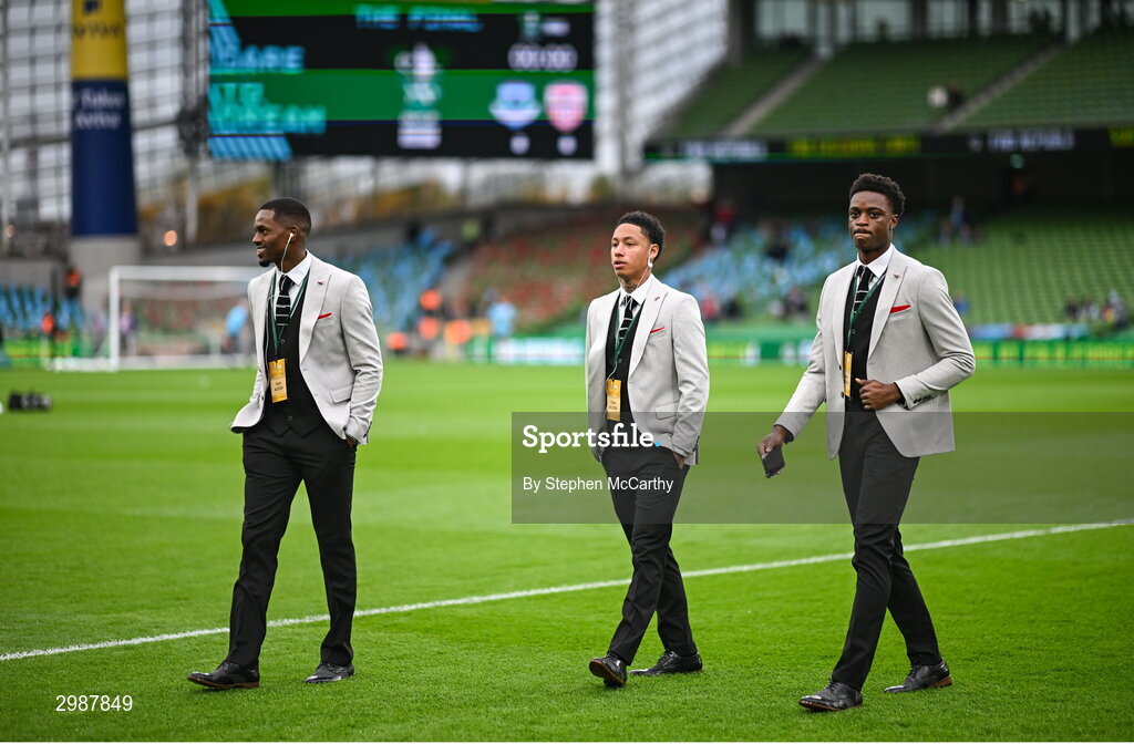 10 November 2024; Derry City players, from right, Duncan Idehen, Sean Robertson and Sadou Diallo before the Sports Direct Men's FAI Cup Final match between Drogheda United and Derry City at the Aviva Stadium in Dublin. Photo by Stephen McCarthy/Sportsfile