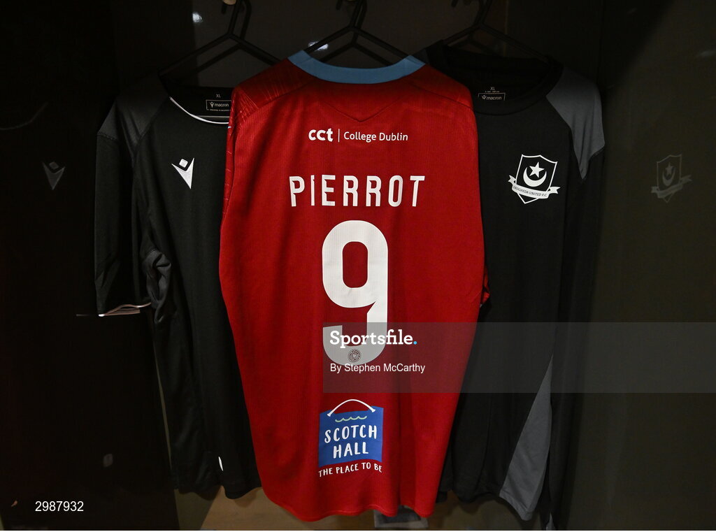 10 November 2024; The jersey of Frantz Pierrot hangs in the Drogheda United dressing room before before the Sports Direct Men's FAI Cup Final match between Drogheda United and Derry City at the Aviva Stadium in Dublin. Photo by Stephen McCarthy/Sportsfile
