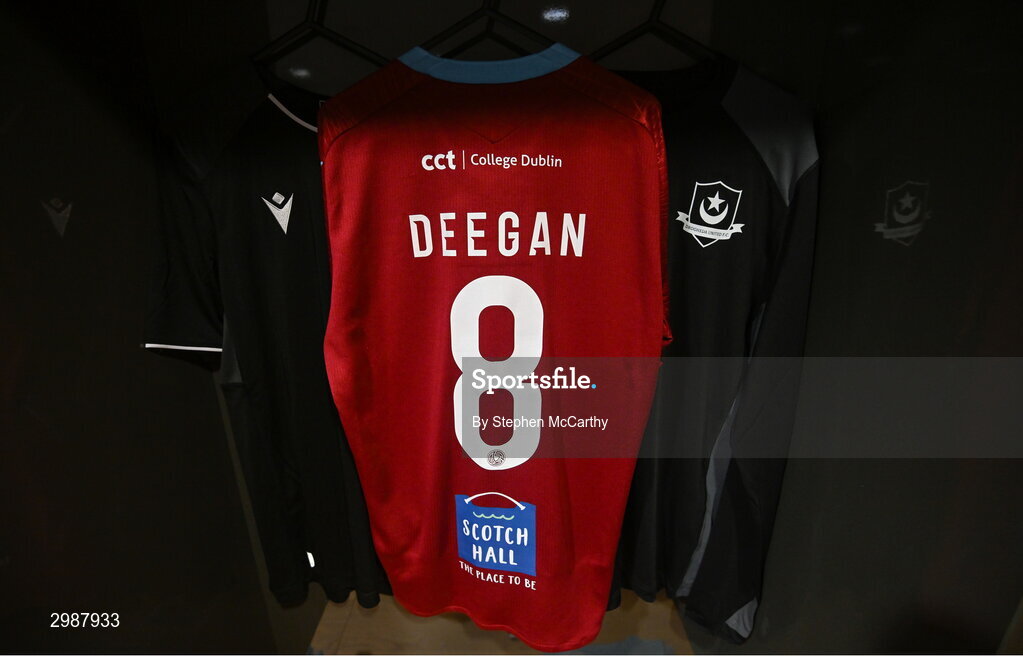 10 November 2024; The jersey of Gary Deegan hangs in the Drogheda United dressing room before before the Sports Direct Men's FAI Cup Final match between Drogheda United and Derry City at the Aviva Stadium in Dublin. Photo by Stephen McCarthy/Sportsfile