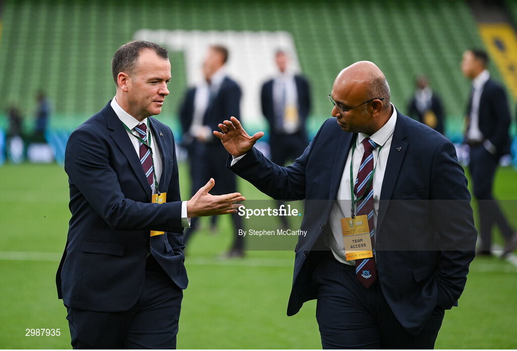 10 November 2024; Drogheda United physiotherapist Keith Browne and team doctor Kandan Loganathan, right, before the Sports Direct Men's FAI Cup Final match between Drogheda United and Derry City at the Aviva Stadium in Dublin. Photo by Stephen McCarthy/Sportsfile