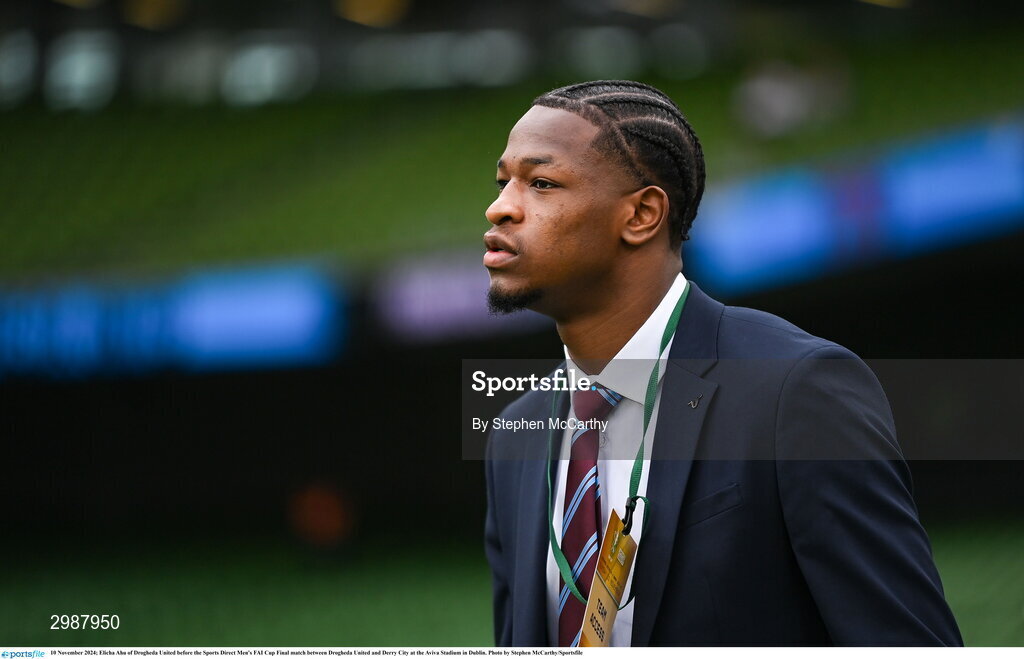 10 November 2024; Elicha Ahu of Drogheda United before the Sports Direct Men's FAI Cup Final match between Drogheda United and Derry City at the Aviva Stadium in Dublin. Photo by Stephen McCarthy/Sportsfile