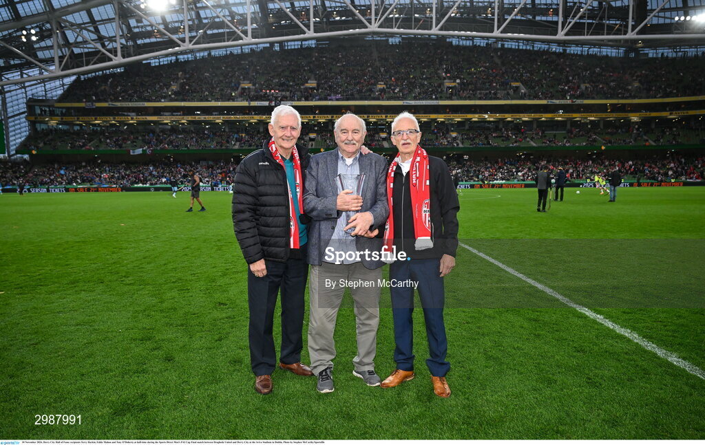 10 November 2024; Derry City Hall of Fame recipients Terry Harkin, Eddie Mahon and Tony O’Doherty at half-time during the Sports Direct Men's FAI Cup Final match between Drogheda United and Derry City at the Aviva Stadium in Dublin. Photo by Stephen McCarthy/Sportsfile