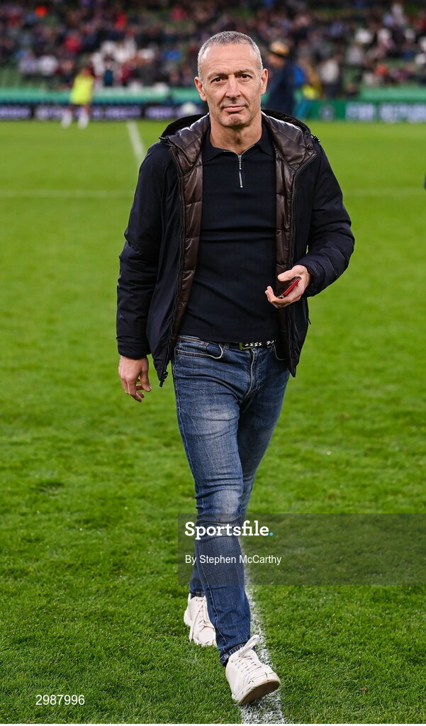 10 November 2024; 1999 Bray Wanderers Jubilee Team member Justin Dutton at half-time of the Sports Direct Men's FAI Cup Final match between Drogheda United and Derry City at the Aviva Stadium in Dublin. Photo by Stephen McCarthy/Sportsfile