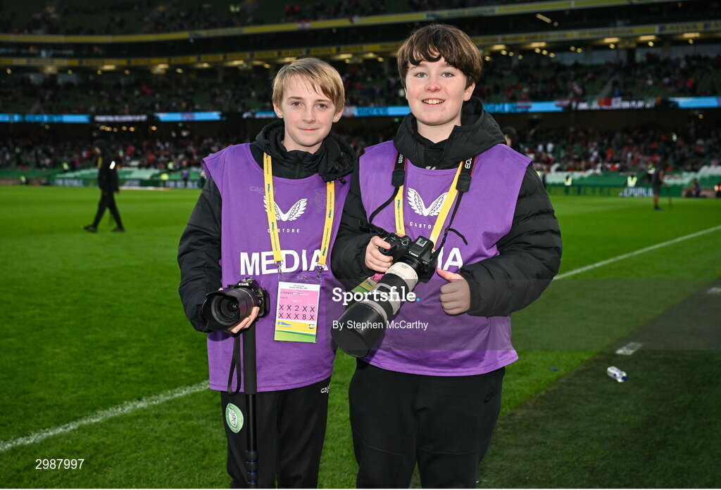 10 November 2024; Bray Wanderers photographers Ethan Finnerty and Harry Teehan at half-time of the Sports Direct Men's FAI Cup Final match between Drogheda United and Derry City at the Aviva Stadium in Dublin. Photo by Stephen McCarthy/Sportsfile