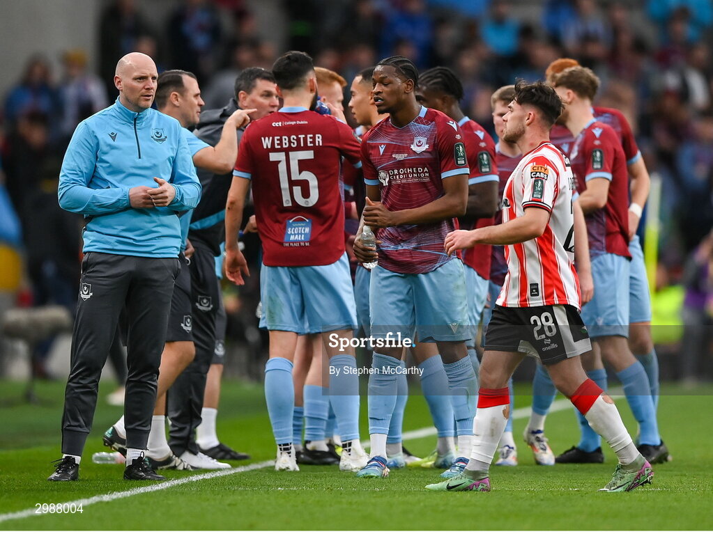 10 November 2024; Drogheda United coach Aaron Shanahan, left, during the Sports Direct Men's FAI Cup Final match between Drogheda United and Derry City at the Aviva Stadium in Dublin. Photo by Stephen McCarthy/Sportsfile