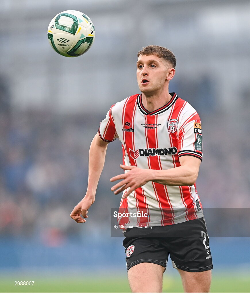 10 November 2024; Ronan Boyce of Derry City during the Sports Direct Men's FAI Cup Final match between Drogheda United and Derry City at the Aviva Stadium in Dublin. Photo by Stephen McCarthy/Sportsfile