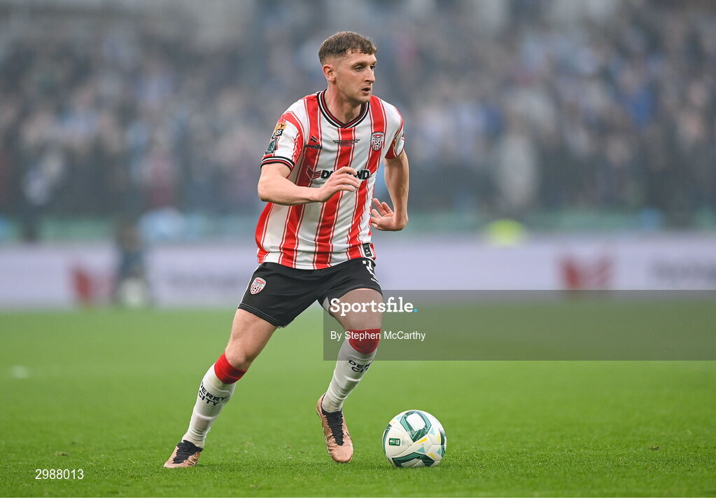 10 November 2024; Ronan Boyce of Derry City during the Sports Direct Men's FAI Cup Final match between Drogheda United and Derry City at the Aviva Stadium in Dublin. Photo by Stephen McCarthy/Sportsfile