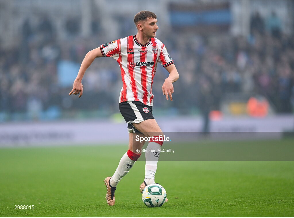 10 November 2024; Ronan Boyce of Derry City during the Sports Direct Men's FAI Cup Final match between Drogheda United and Derry City at the Aviva Stadium in Dublin. Photo by Stephen McCarthy/Sportsfile
