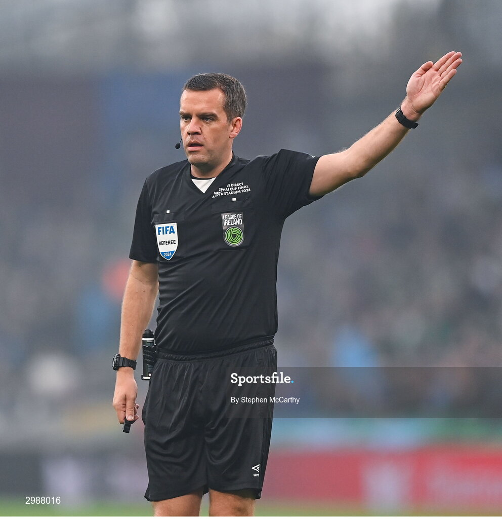 10 November 2024; Referee Rob Harvey during the Sports Direct Men's FAI Cup Final match between Drogheda United and Derry City at the Aviva Stadium in Dublin. Photo by Stephen McCarthy/Sportsfile