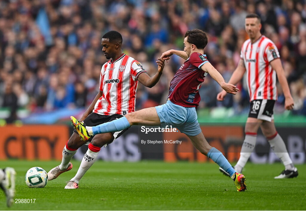 10 November 2024; Sadou Diallo of Derry City is tackled by Darragh Markey of Drogheda United during the Sports Direct Men's FAI Cup Final match between Drogheda United and Derry City at the Aviva Stadium in Dublin. Photo by Stephen McCarthy/Sportsfile