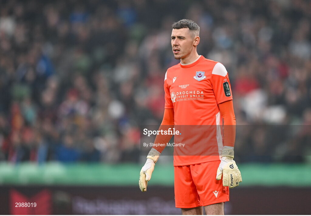 10 November 2024; Drogheda United goalkeeper Luke Dennison during the Sports Direct Men's FAI Cup Final match between Drogheda United and Derry City at the Aviva Stadium in Dublin. Photo by Stephen McCarthy/Sportsfile