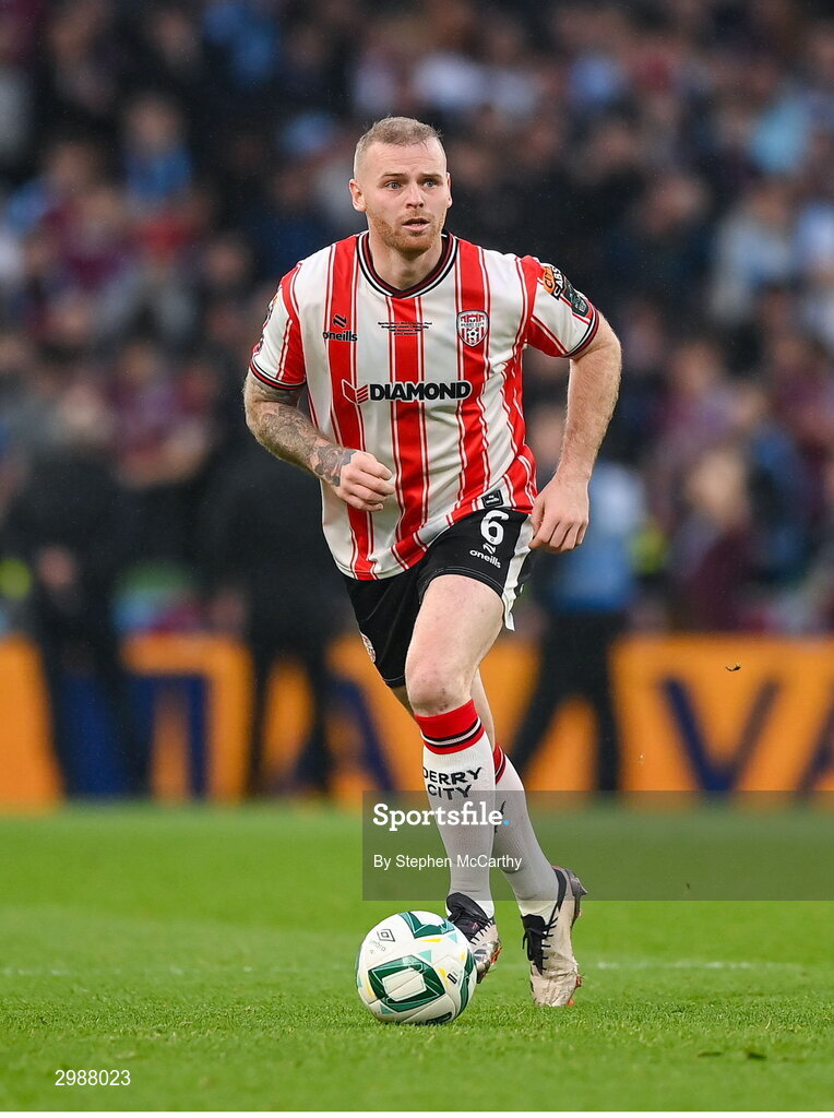 10 November 2024; Mark Connolly of Derry City during the Sports Direct Men's FAI Cup Final match between Drogheda United and Derry City at the Aviva Stadium in Dublin. Photo by Stephen McCarthy/Sportsfile