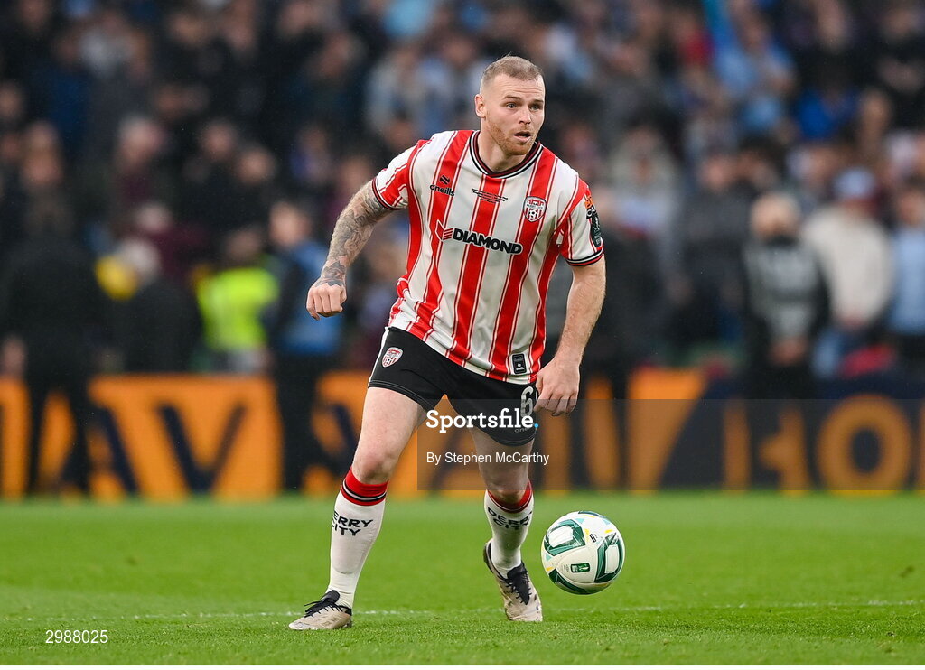 10 November 2024; Mark Connolly of Derry City during the Sports Direct Men's FAI Cup Final match between Drogheda United and Derry City at the Aviva Stadium in Dublin. Photo by Stephen McCarthy/Sportsfile