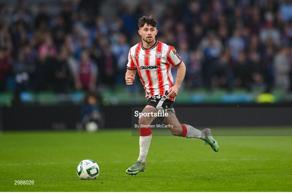 10 November 2024; Adam O'Reilly of Derry City during the Sports Direct Men's FAI Cup Final match between Drogheda United and Derry City at the Aviva Stadium in Dublin. Photo by Stephen McCarthy/Sportsfile