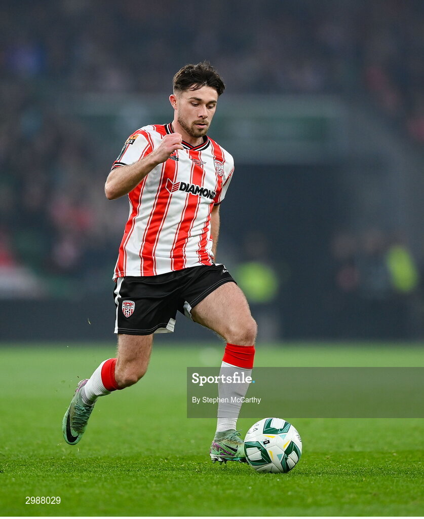 10 November 2024; Adam O'Reilly of Derry City during the Sports Direct Men's FAI Cup Final match between Drogheda United and Derry City at the Aviva Stadium in Dublin. Photo by Stephen McCarthy/Sportsfile