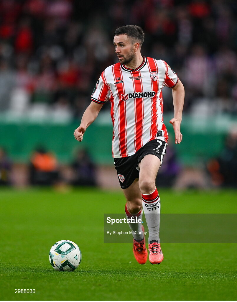10 November 2024; Michael Duffy of Derry City during the Sports Direct Men's FAI Cup Final match between Drogheda United and Derry City at the Aviva Stadium in Dublin. Photo by Stephen McCarthy/Sportsfile