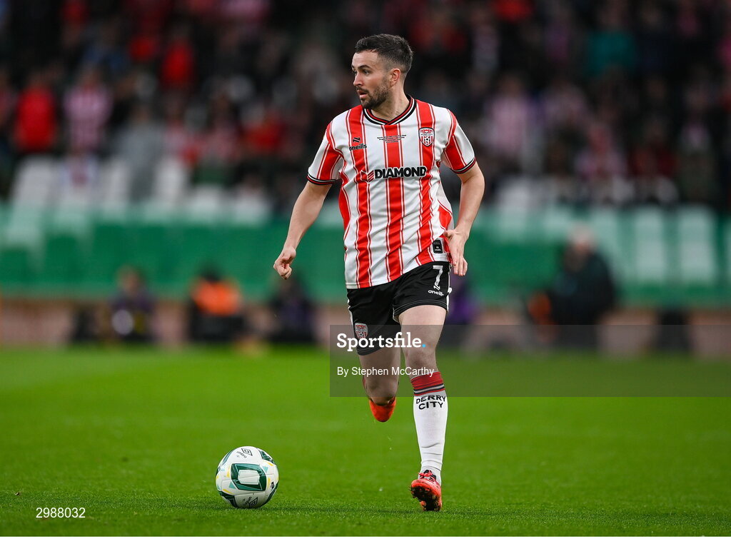 10 November 2024; Michael Duffy of Derry City during the Sports Direct Men's FAI Cup Final match between Drogheda United and Derry City at the Aviva Stadium in Dublin. Photo by Stephen McCarthy/Sportsfile