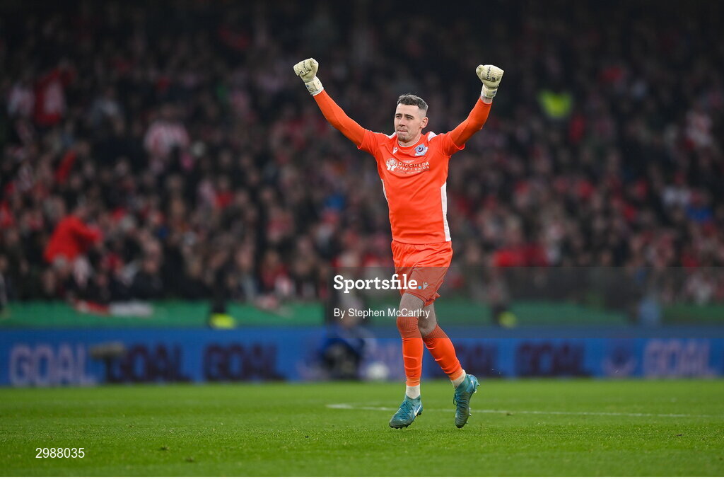 10 November 2024; Drogheda United goalkeeper Luke Dennison celebrates his side's second goal during the Sports Direct Men's FAI Cup Final match between Drogheda United and Derry City at the Aviva Stadium in Dublin. Photo by Stephen McCarthy/Sportsfile