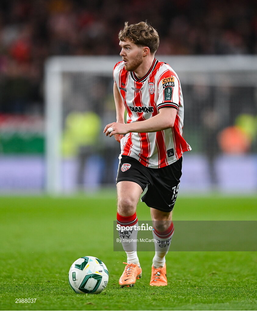 10 November 2024; Jacob Davenport of Derry City during the Sports Direct Men's FAI Cup Final match between Drogheda United and Derry City at the Aviva Stadium in Dublin. Photo by Stephen McCarthy/Sportsfile