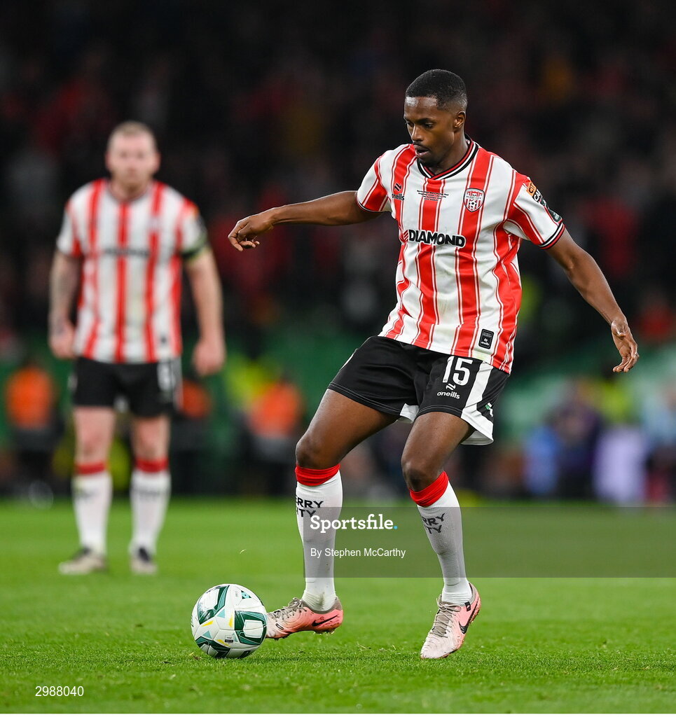 10 November 2024; Sadou Diallo of Derry City during the Sports Direct Men's FAI Cup Final match between Drogheda United and Derry City at the Aviva Stadium in Dublin. Photo by Stephen McCarthy/Sportsfile