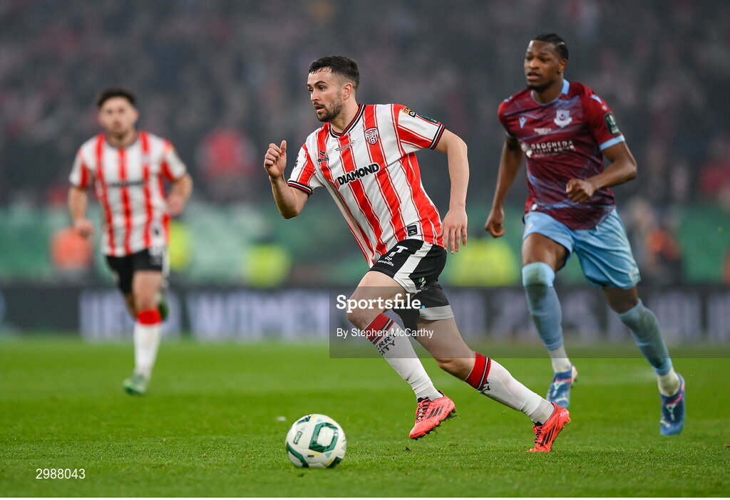 10 November 2024; Michael Duffy of Derry City during the Sports Direct Men's FAI Cup Final match between Drogheda United and Derry City at the Aviva Stadium in Dublin. Photo by Stephen McCarthy/Sportsfile