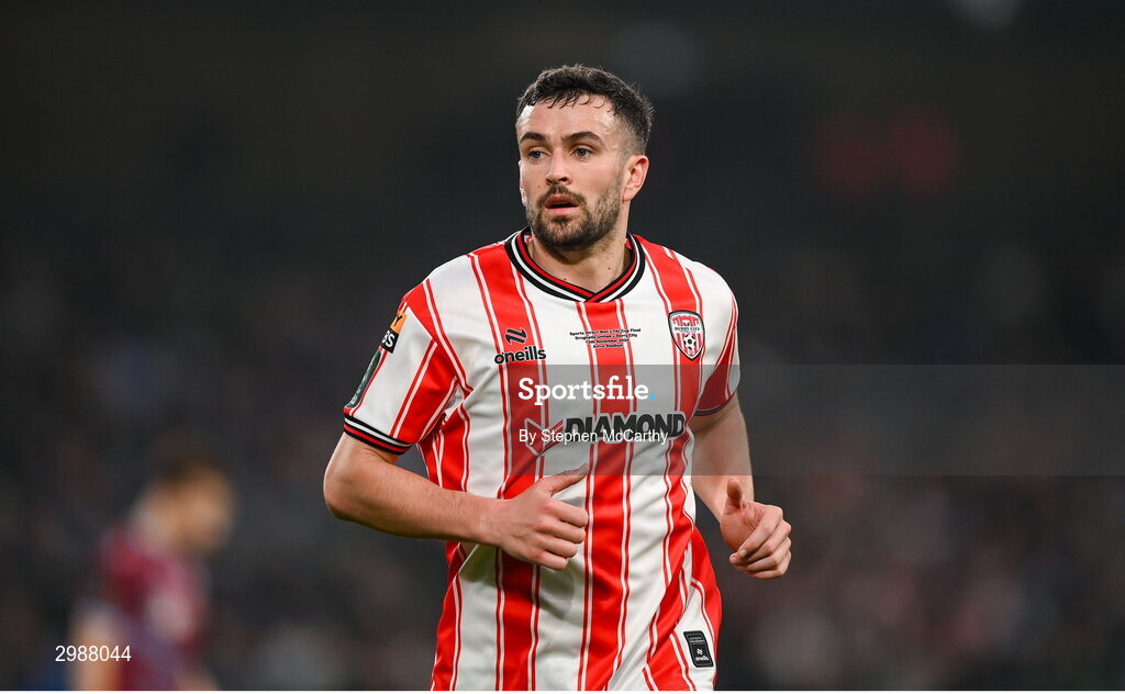 10 November 2024; Michael Duffy of Derry City during the Sports Direct Men's FAI Cup Final match between Drogheda United and Derry City at the Aviva Stadium in Dublin. Photo by Stephen McCarthy/Sportsfile