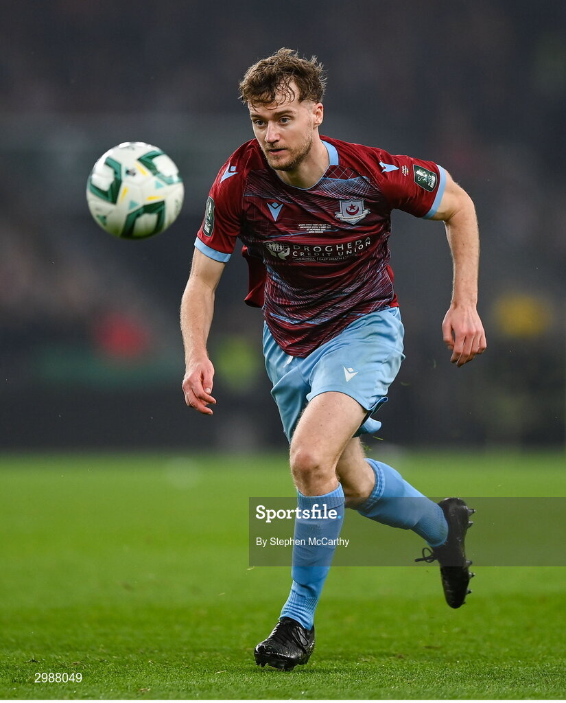 10 November 2024; Andrew Quinn of Drogheda United during the Sports Direct Men's FAI Cup Final match between Drogheda United and Derry City at the Aviva Stadium in Dublin. Photo by Stephen McCarthy/Sportsfile