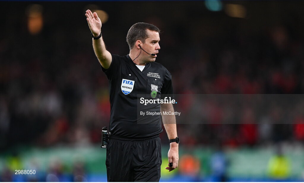 10 November 2024; Referee Rob Harvey during the Sports Direct Men's FAI Cup Final match between Drogheda United and Derry City at the Aviva Stadium in Dublin. Photo by Stephen McCarthy/Sportsfile