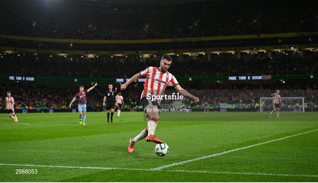 10 November 2024; Michael Duffy of Derry City during the Sports Direct Men's FAI Cup Final match between Drogheda United and Derry City at the Aviva Stadium in Dublin. Photo by Stephen McCarthy/Sportsfile