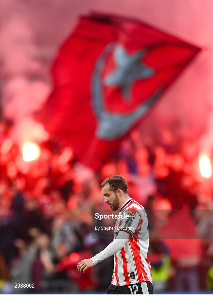 10 November 2024; Paul McMullan of Derry City after Drogheda United scored their opening goal during the Sports Direct Men's FAI Cup Final match between Drogheda United and Derry City at the Aviva Stadium in Dublin. Photo by Stephen McCarthy/Sportsfile