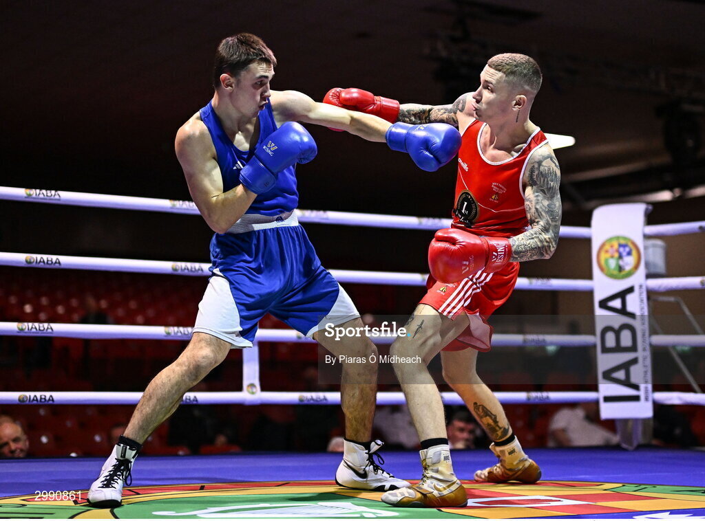 13 November 2024; Luke Hall of Olympic BC Mullingar, left, in action against Joseph McArdle of Holy Trinity Belfast during the 67kg quarter-final bout at the IABA National Elite Boxing Championships 2025 Finals at the National Boxing Stadium in Dublin. Photo by Piaras Ó Mídheach/Sportsfile