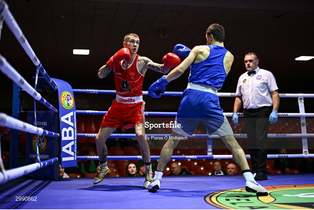 13 November 2024; Joseph McArdle of Holy Trinity Belfast, left, in action against Luke Hall of Olympic BC Mullingar during the 67kg quarter-final bout at the IABA National Elite Boxing Championships 2025 Finals at the National Boxing Stadium in Dublin. Photo by Piaras Ó Mídheach/Sportsfile